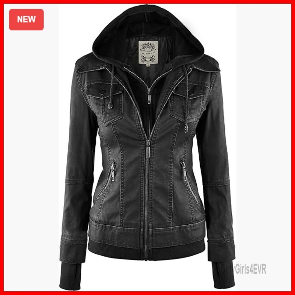 Faux Leather Motorcycle Jacket with Removable Hood, Women's Biker Coat
